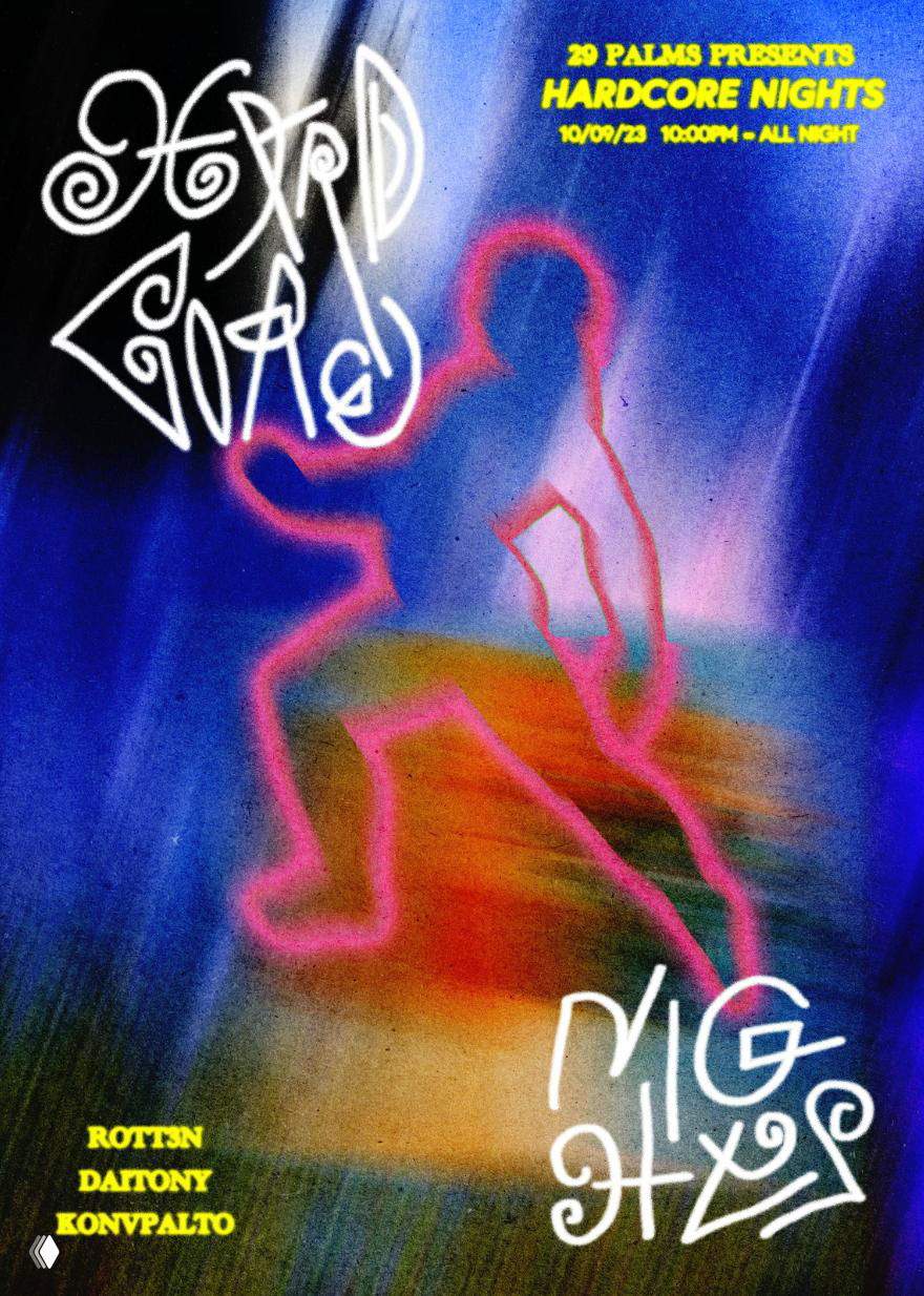 Неоновый постер с силуэтом танцующего человека, контрастные розовые и синие линии создают ощущение движения и светового шоу, типографика в углах.