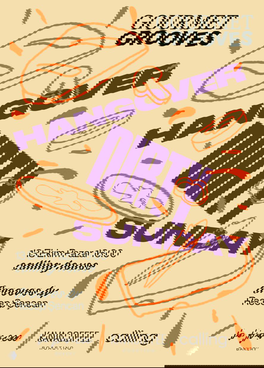 Бежевый постер с иллюстрациями ломтиков хлеба и крупным фиолетовым заголовком 'HANGOVER DIRTY SUNDAY', игривая верстка и элементы брендинга внизу.