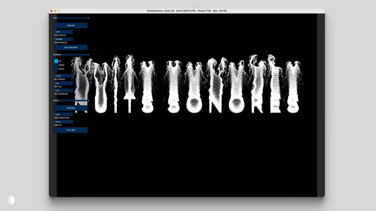 Скриншот интерфейса инструмента DIA: чёрный рабочий холст с рядами белых генеративных форм, меню настроек слева и визуализацией текста, собранного из частиц.