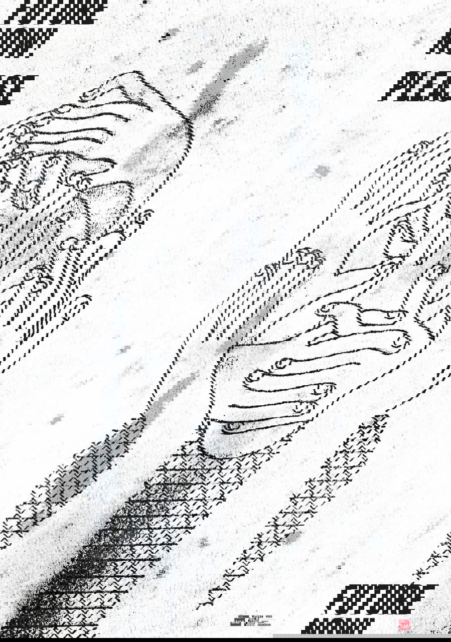 Графический чёрно‑белый плакат Isidro Ferrer: множество рук, стилизованная штриховая графика и текст «FUTURE NOW! PLEASE» вверху.