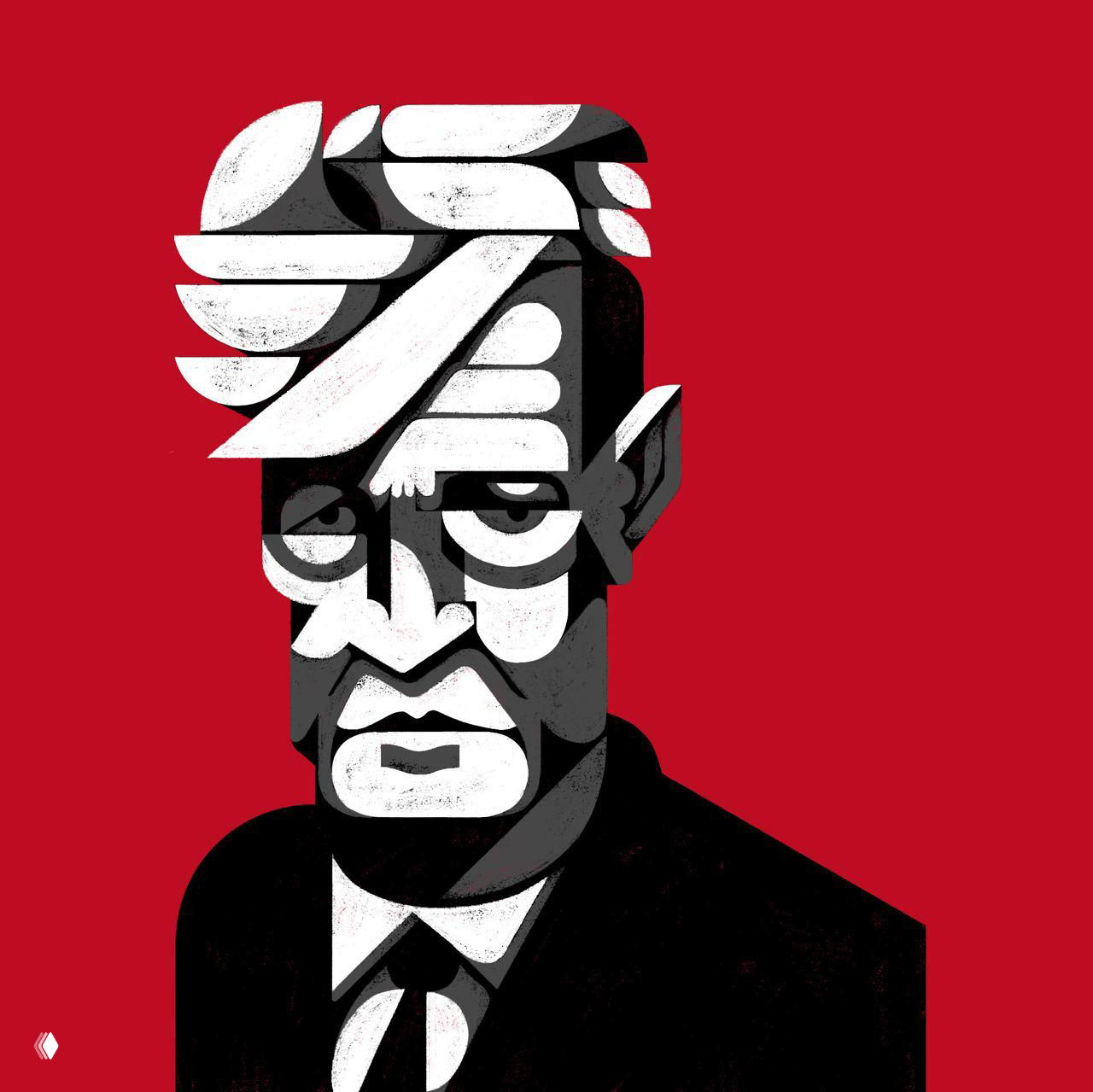 Портретная фактурная иллюстрация в минималистской геометрии: мужское лицо, контраст белого, чёрного и красного на однотонном фоне.
