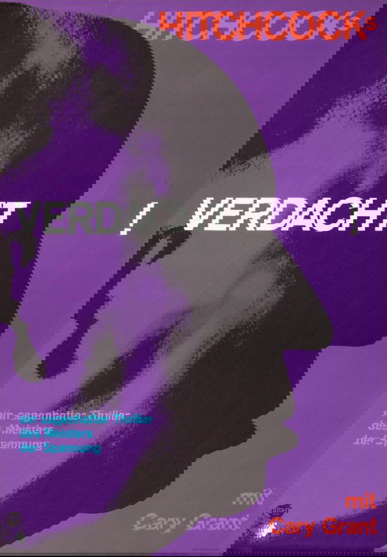 Минималистичный постер в пурпурных тонах с профильным силуэтом и крупной белой надписью VERDACHT — графический подход к визуализации триллера Альфреда Хичкока