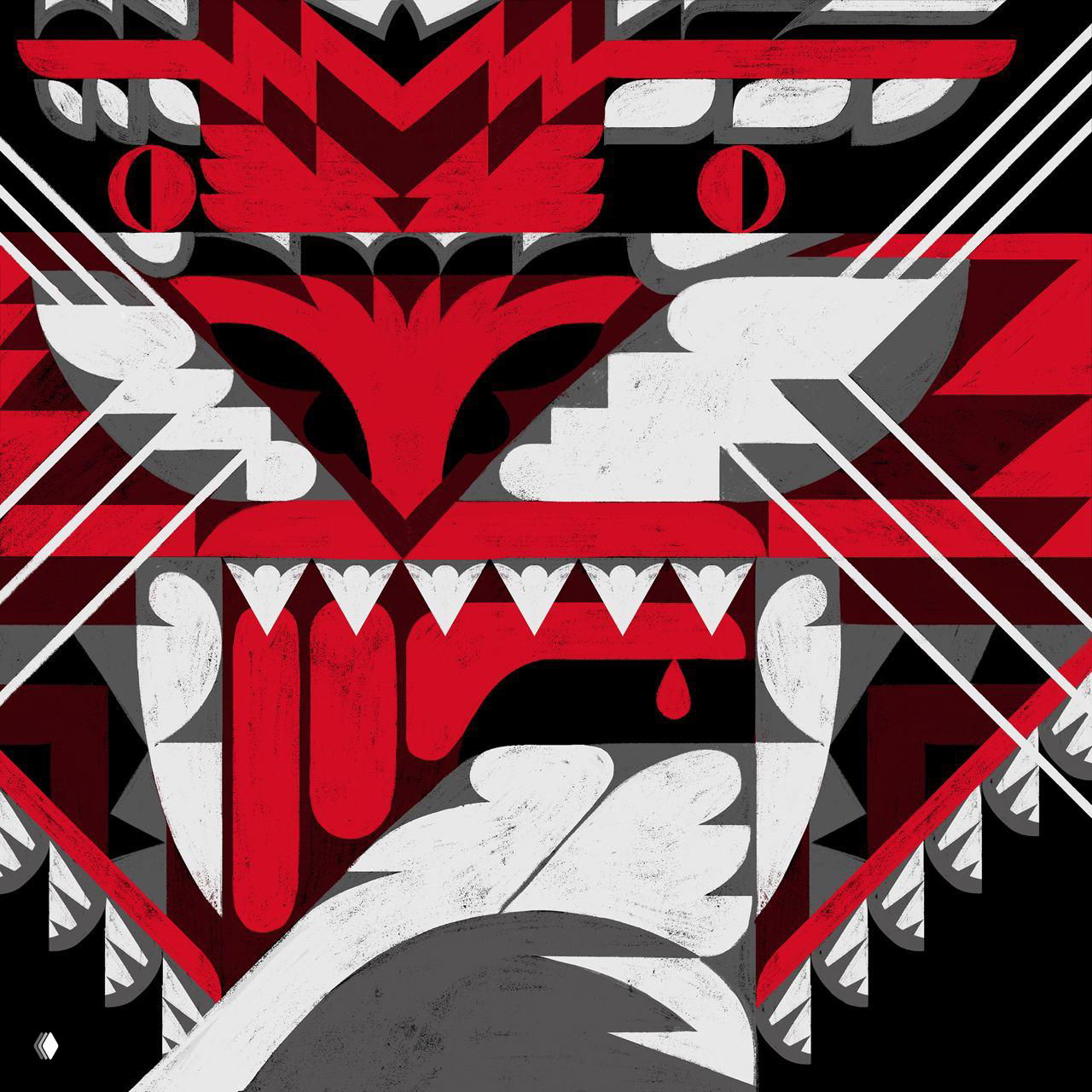 Абстрактная композиция с агрессивной нижней челюстью и треугольными формами: резкие зубчатые мотивы, насыщенные красные и чёрные элементы.