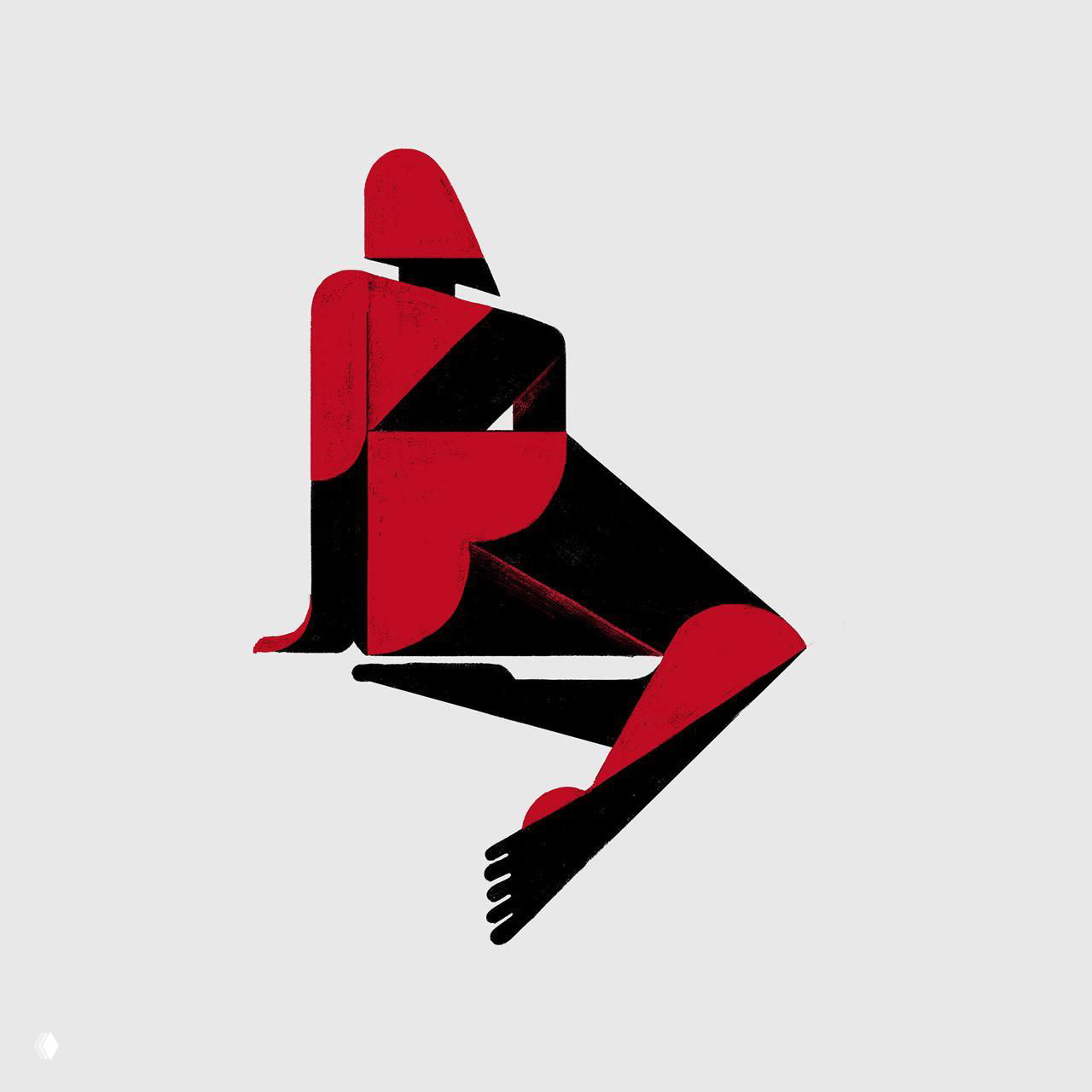 Схематичная фигура на светлом фоне: редуцированные формы человеческого тела, красно‑чёрные пластические блоки и зернистая текстура.