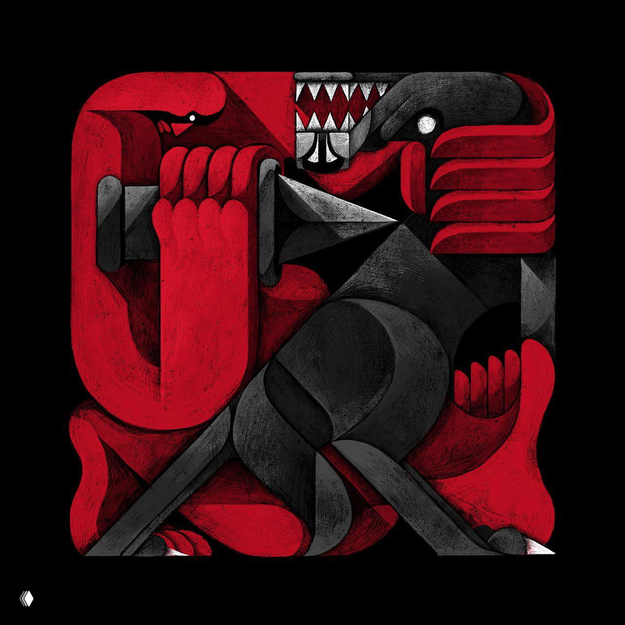 Фактурная композиция с кинжалом и стилизованными формами: динамическая геометрия, контрасты света и тени, насыщенная текстура поверхностей.