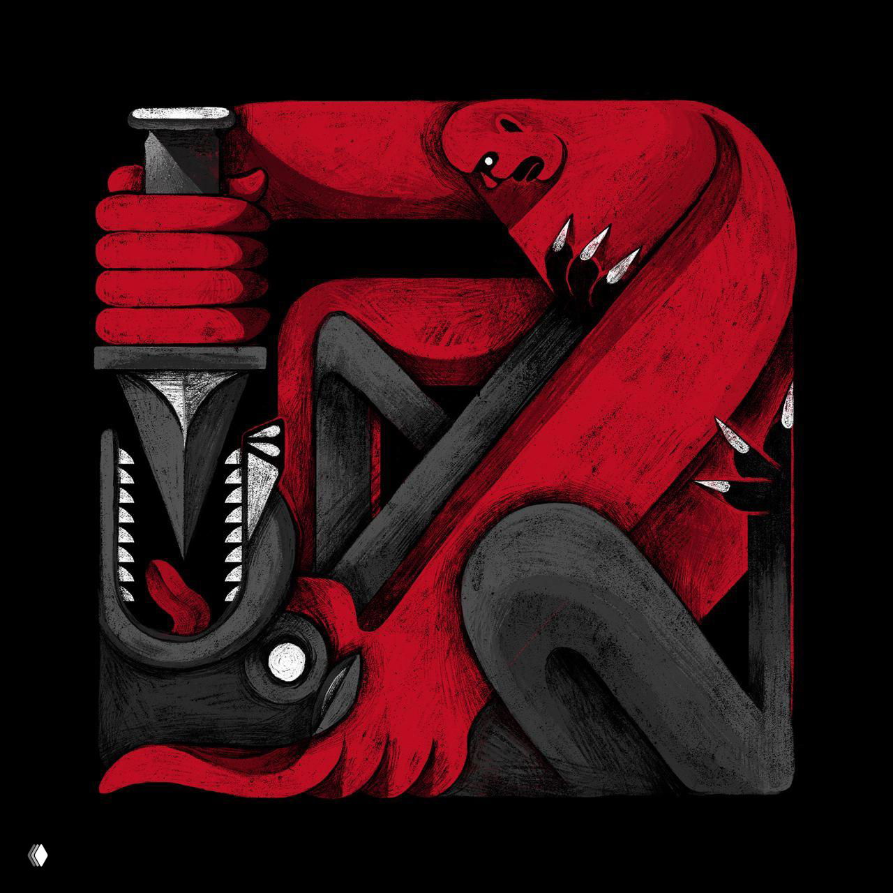 Пластичная иллюстрация танцующей фигуры: стилизация под вырезные формы, сочетание чёрного, белого и красного, графичная фактура.