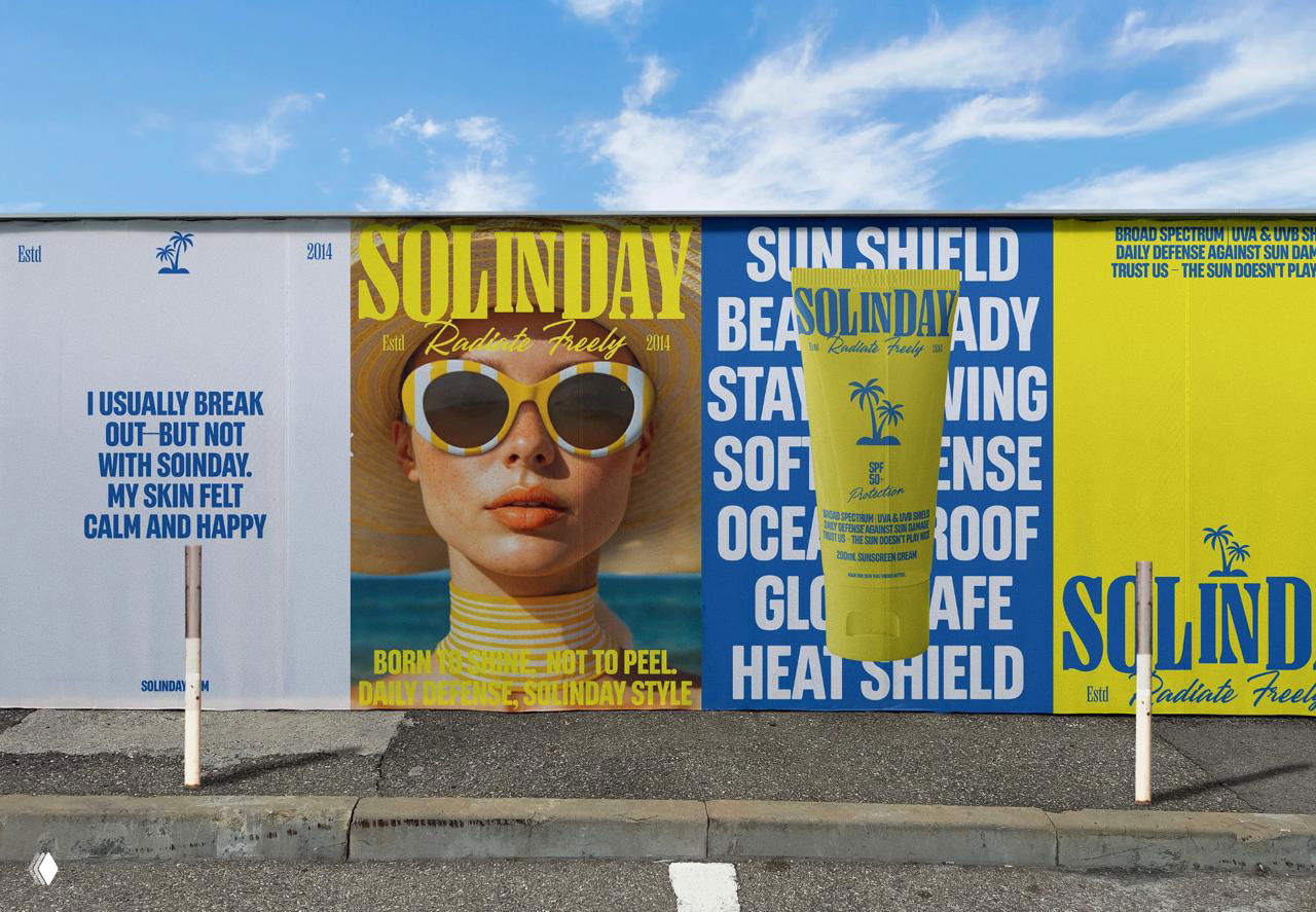 Большой билборд с изображением тюбика Solinday на городской улице; жёлто-синяя палитра доминирует в наружной рекламе.