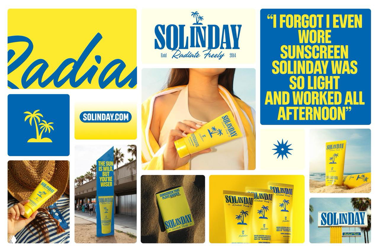 Коллаж рекламных материалов Solinday: постеры, упаковка и слоганы в единой визуальной сетке, отсылка к эстетике 60–70-х.