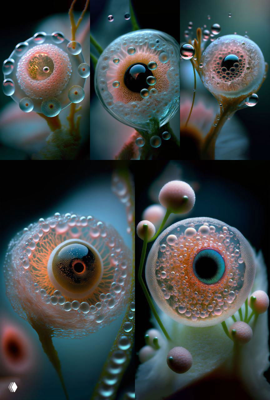 3D-рендер из проекта aBiogenesis: сферические протоклетки с множеством пузырьков и капель на тонких стеблях, детализированные текстуры и контрастное освещение.