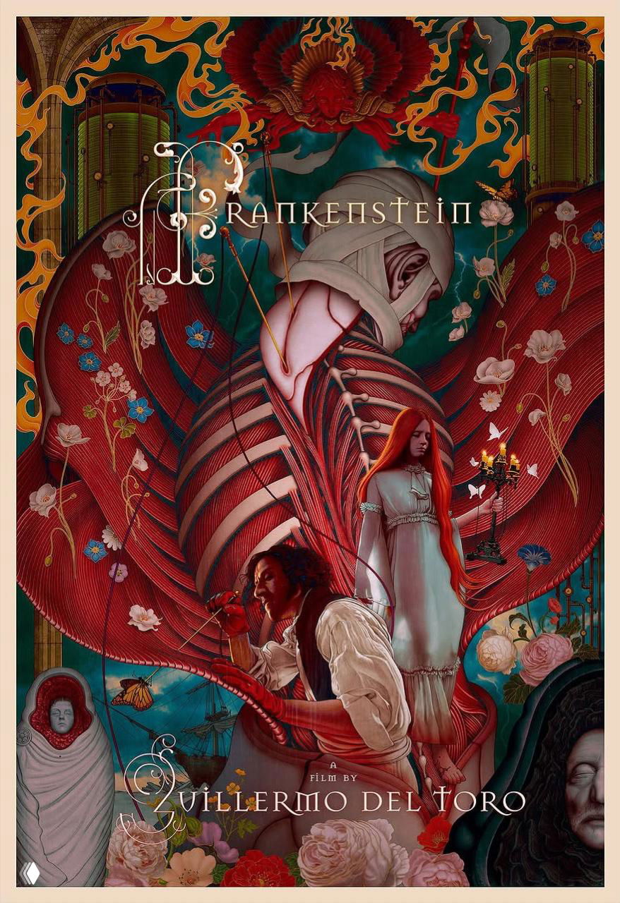 Плакат «Франкенштейн»: сложная декоративная композиция с наложением анатомических и орнаментальных элементов, готическая эстетика и насыщенные цвета.