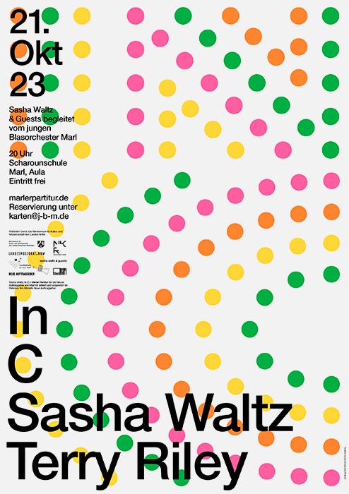 Плакат с цветными кругами в ряд и чёрным текстом «In Sasha Waltz Terry Riley», игра цвета и типографии в модульной сетке на светлом фоне.