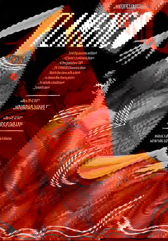 Плакат «Flamenco»: энергичная фигура танцовщицы в рыжих и тёплых тонах, драматичная поза и текстовые блоки афишного формата.