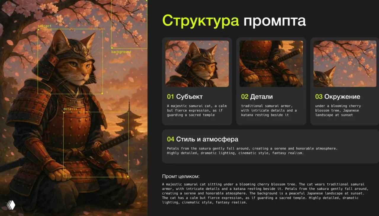 Иллюстрация структуры промпта: самурайский кот под цветущей сакурой и схематичные карточки с разделами «Субъект», «Детали», «Окружение».