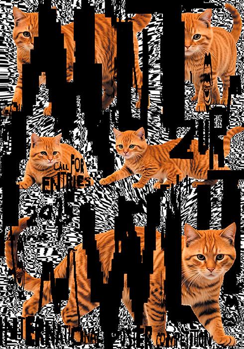 Коллажный постер с множеством изображений рыжих кошек, наложенной крупной чёрной титульной типографикой и фоном в стиле глитч-арт, активная визуальная текстура.