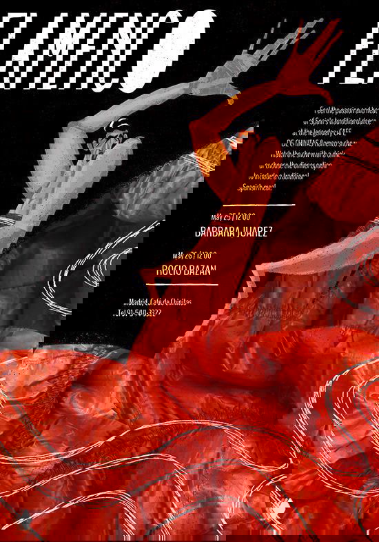 Ещё одна версия плаката «Flamenco» с акцентом на движение ткани и композицию, тёплая палитра и графическая типография афиши.