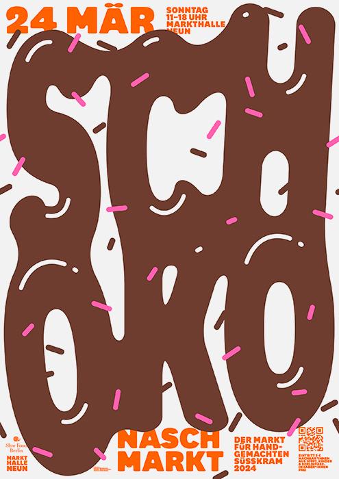 Постер с коричневой формой в центре, напоминающей растворённый шоколад с кондитерскими посыпками и крупными оранжево-белыми буквами, яркий рекламный образ для маркета.