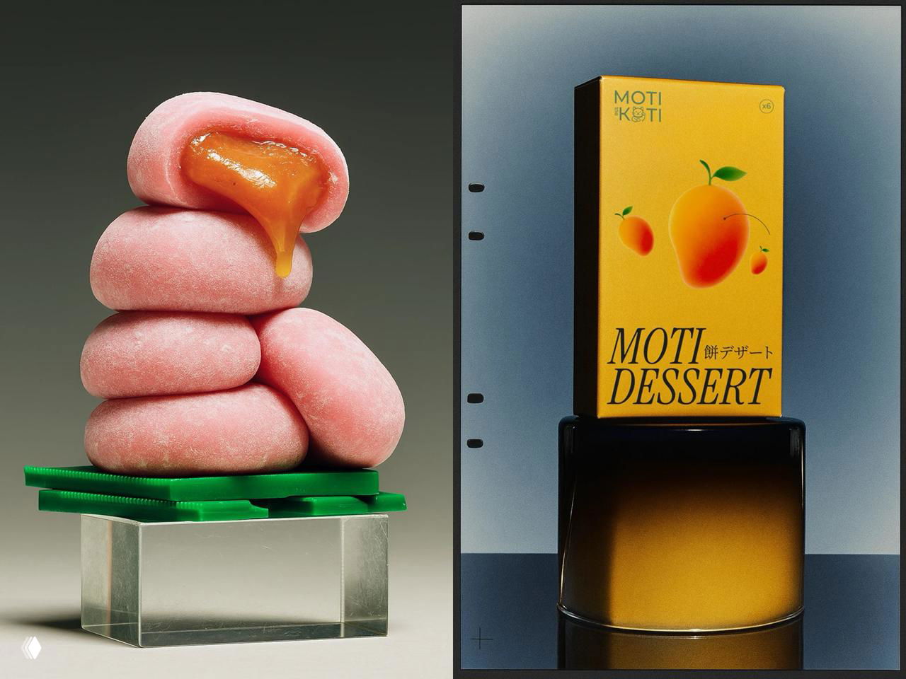 Два кадра: слева стопка розовых моти с тягучей начинкой, справа вертикальная упаковка с манго на градиентном фоне — студийная предметная фотография