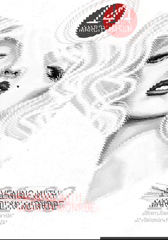 Чёрно‑белый иллюстративный постер с портретом в стиле ретро — условный образ Мэрилин, тонкая штриховая отрисовка и минималистичная верстка.