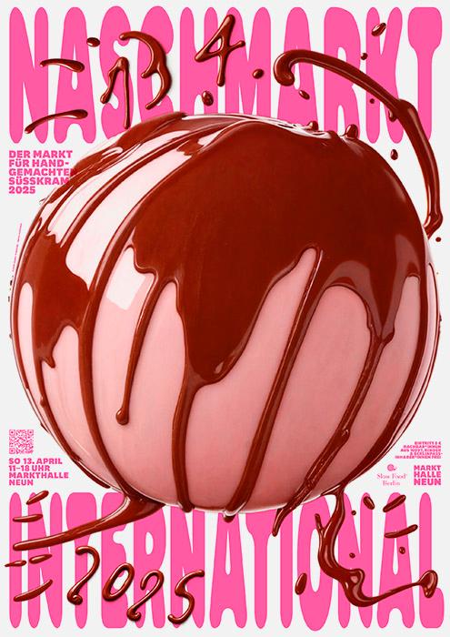 Плакат с крупным глянцевым шаром, покрытым розовой глазурью и текстом на фоне розовых букв и граффити-штрихов — сочетание фотографического объекта и каллиграфии.