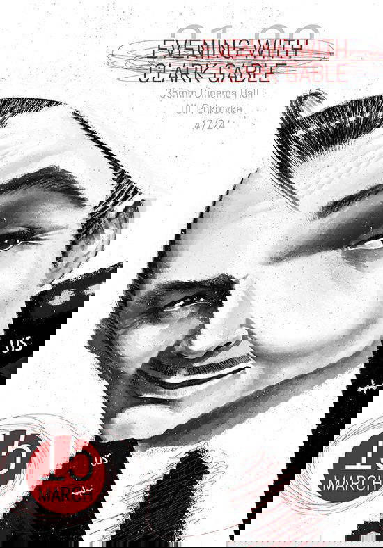 Чёрно‑белый постер с портретом в ретро‑стиле (Кларк Гейбл), графическая штриховка, круглая дата и элементы афишной вёрстки.