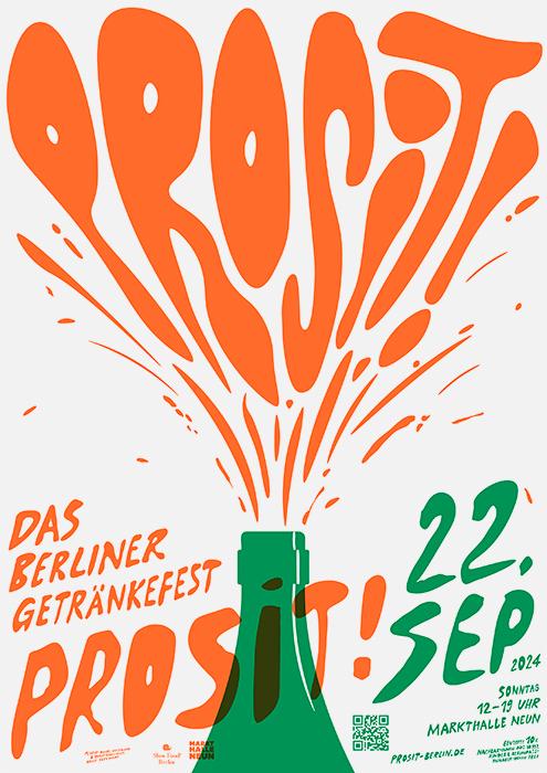 Яркий оранжевый постер с большой взрывной типографикой «PROSIT!», динамичные формы и ретро-визуал с минимальным текстом, рекламный постер напитков.