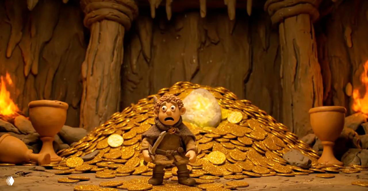 Клеймейшен-кадр: пластилиновый персонаж на фоне огромной горы золотых монет в пещере, кинематографичная подсветка и композиция, пример промта для фэнтези-видео.
