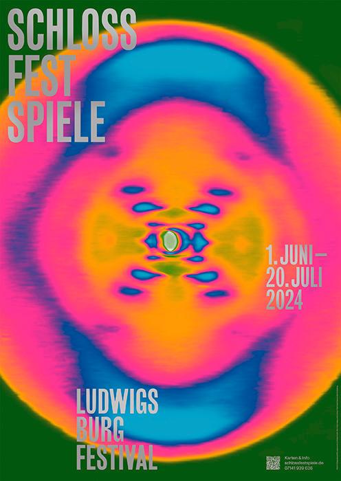 Психоделический постер с радужным концентрическим орнаментом и наложенным бело-зелёным текстом о фестивале «Schloss Fest Spiele», яркая оптическая композиция.