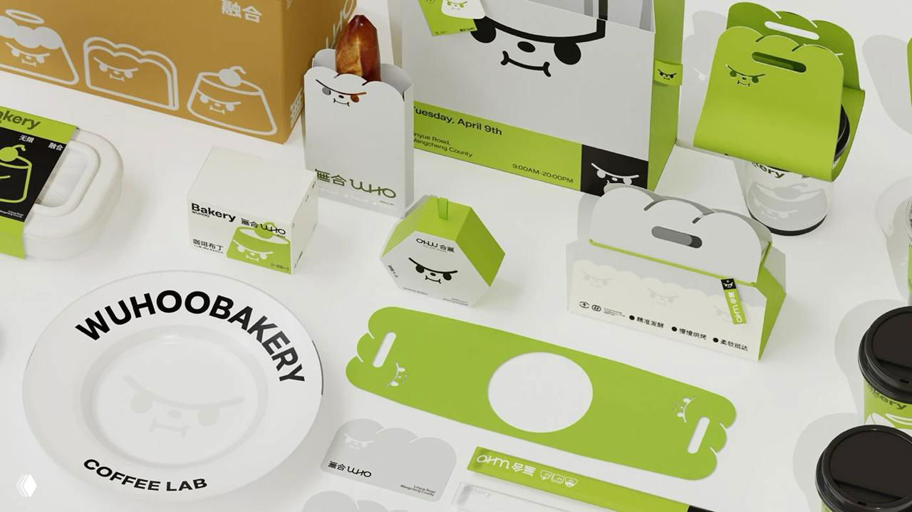 Набор мокапов упаковки бренда Wuhoo: тарелка, коробочки и аксессуары в бело‑салатовой гамме с дерзким маскотом и минимализмом.