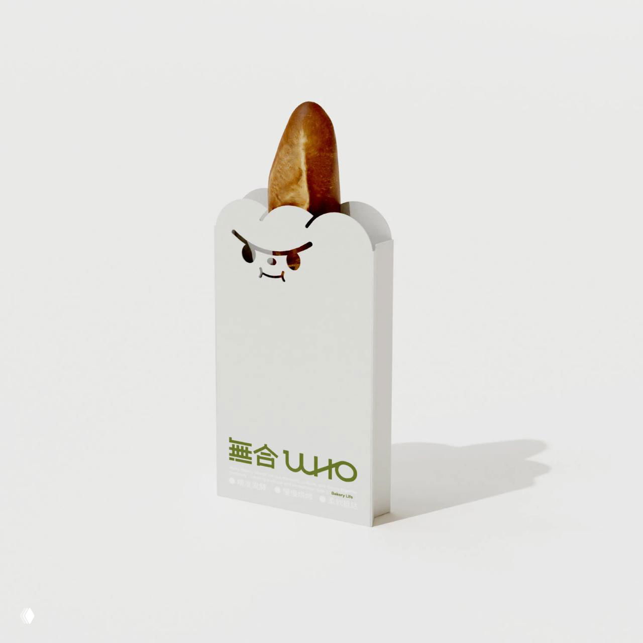 Высокая белая упаковка для багета с вырезом и багетом внутри, на переднем плане выражение лица дерзкого маскота и логотип Wuhoo.