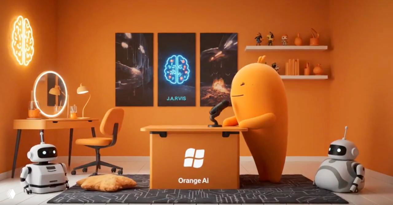 Рекламный концепт: оранжевый офис с маскотом и роботами, логотип "Orange AI" на столе, тёплая палитра и реквизит, пример промта для брендингового ролика.