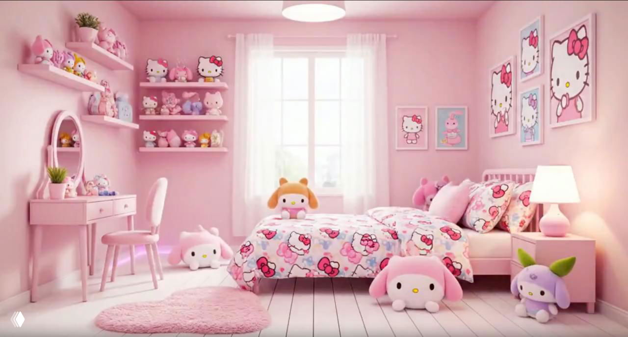 Интерьерный CGI-кадр: розовая спальня в стиле Hello Kitty с игрушками и мягкой мебелью, яркая и «кавайная» эстетика как пример промта для милых визуалов.