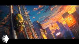 Кадр из анимированного тизера: киберпанковская Калифорния будущего, неоновый городской пейзаж и девушка-курьер в динамичном прыжке через здания.