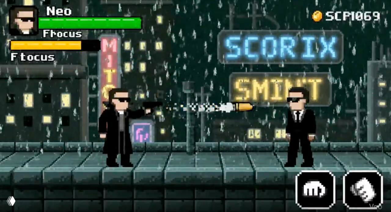 Пиксельный игровой кадр: side-scroller с героями в тёмных костюмах, эффект пуль и HUD-элементы — пример промта для ретро-игровой эстетики и аркадных роликов.