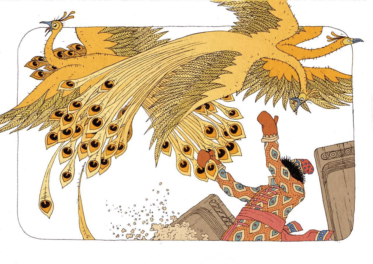 Декоративная композиция: золотистый павлин с детально прорисованными перьями и орнаментальными элементами в ограниченной тёплой палитре.