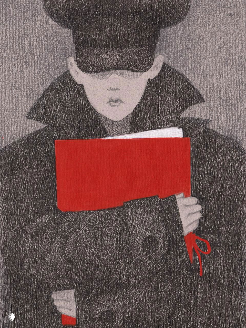 Черно-серая графика: фигура в шляпе и тёмном пальто держит красную книгу, сильный контраст красного и плотной штриховки по бумаге.