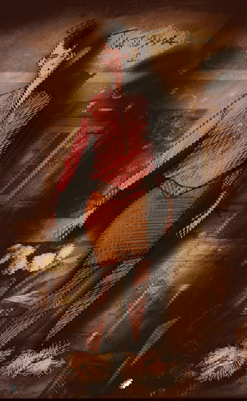 Стиллизованная фигурная композиция: вытянутая персона в розово‑коричневых тонах на текстурном фоне, тонкие линии и декоративная обработка.