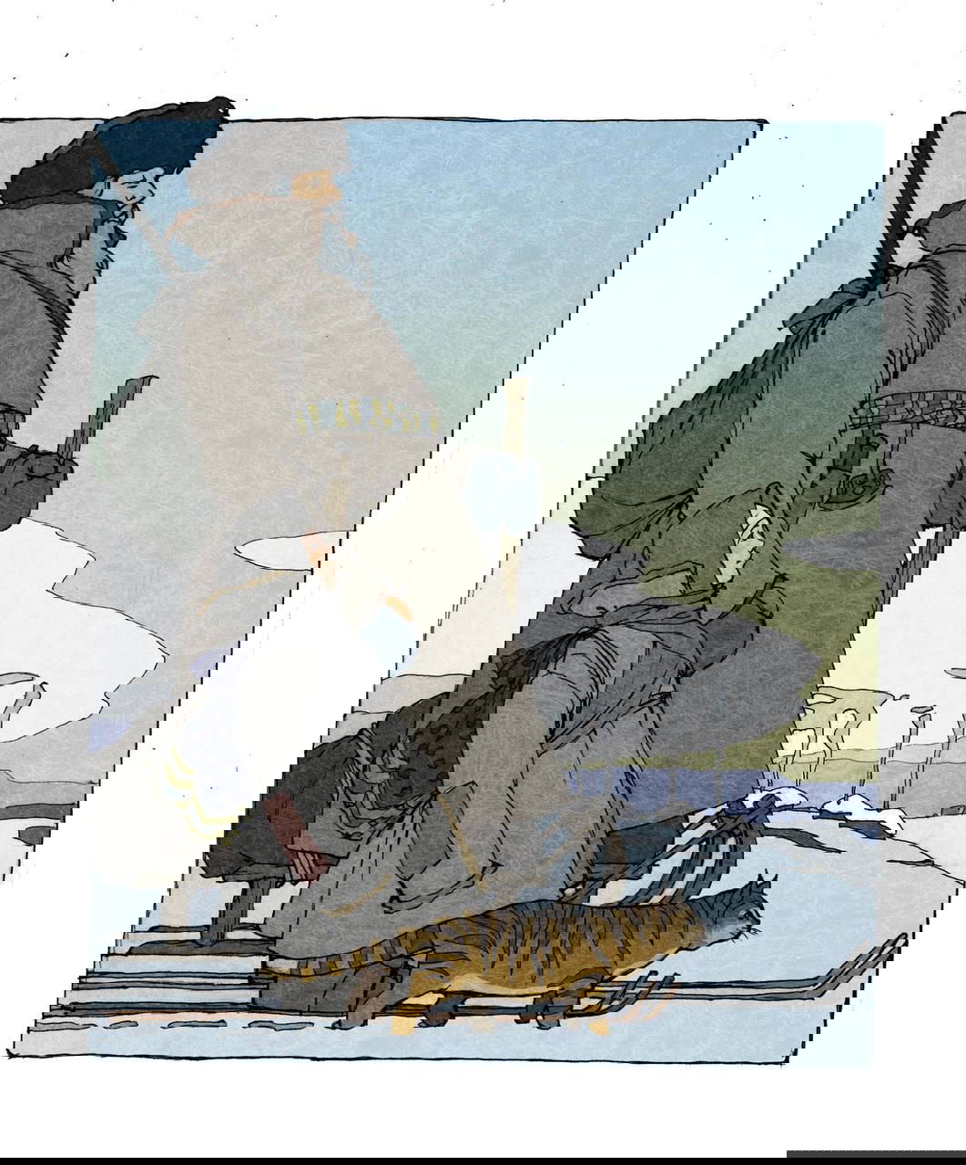 Иллюстрация путешественников: высокий мужчина и ребёнок на санях с кошкой, северный пейзаж, тонкая линейная графика и пастельные тона.