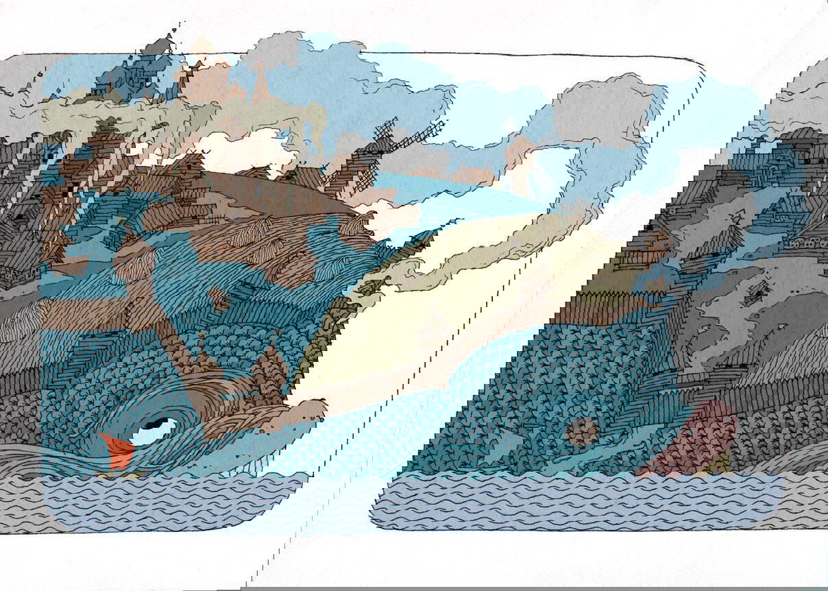 Сказочная сцена: остров-город на спине огромного морского существа, причудливый пейзаж с деревянной архитектурой и декоративной штриховкой.