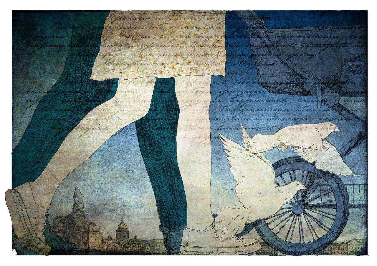 Динамичная композиция: крупный план шагов пешеходов, велосипедное колесо и летающие голуби, многослойная текстура и городская атмосфера в приглушённых тонах.