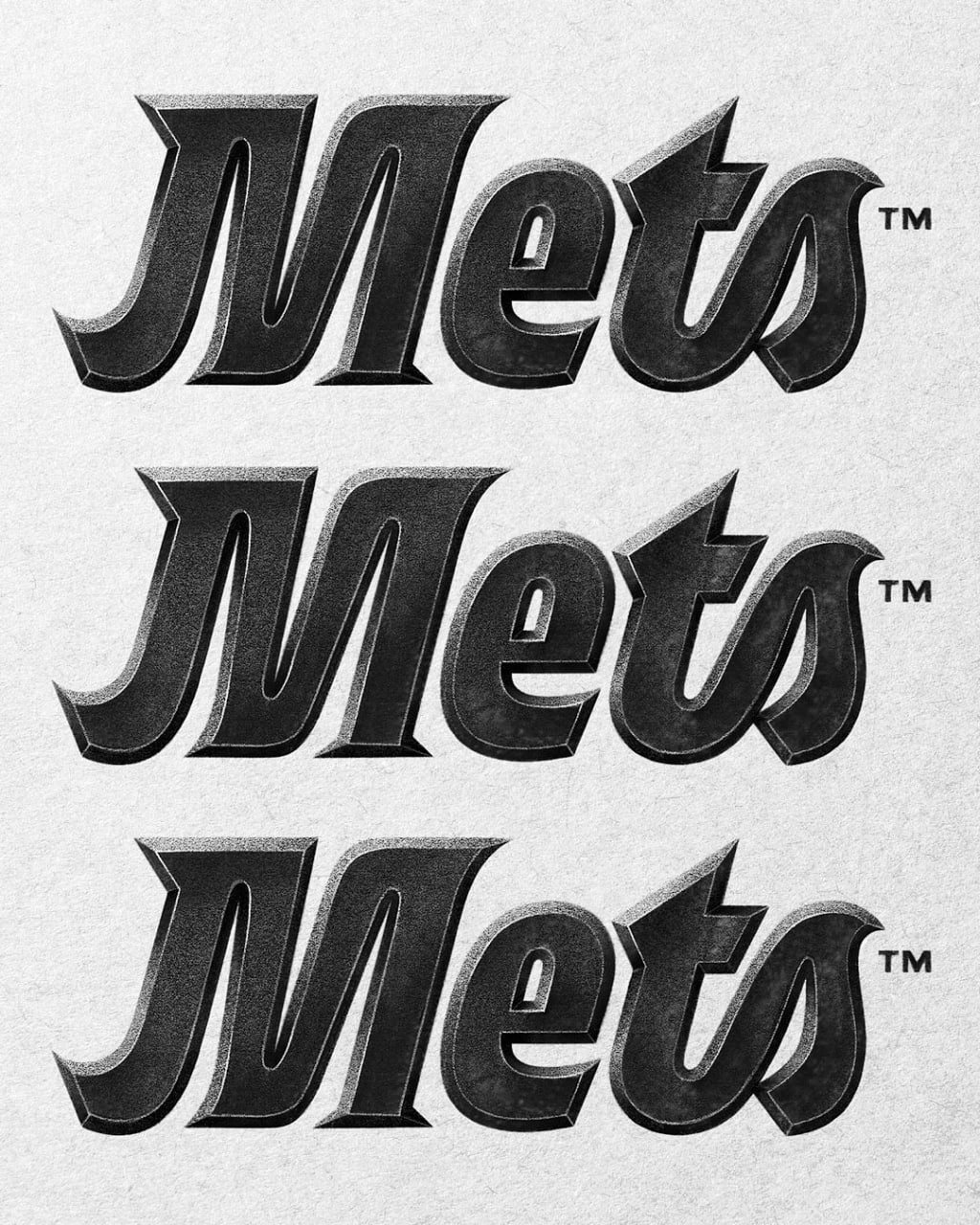 Ретро-стилизованный леттеринг с надписью «Mets» в нескольких повторах, выраженный объём, зернистая фактура и акцент на тёмных градиентах.