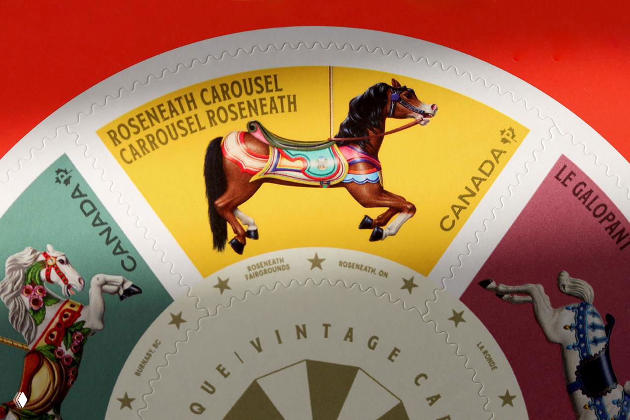 Детальный план сегментов марки с белой лошадью и надписью C.W. Parker Carousel, акцент на иллюстративных деталях и оформлении.