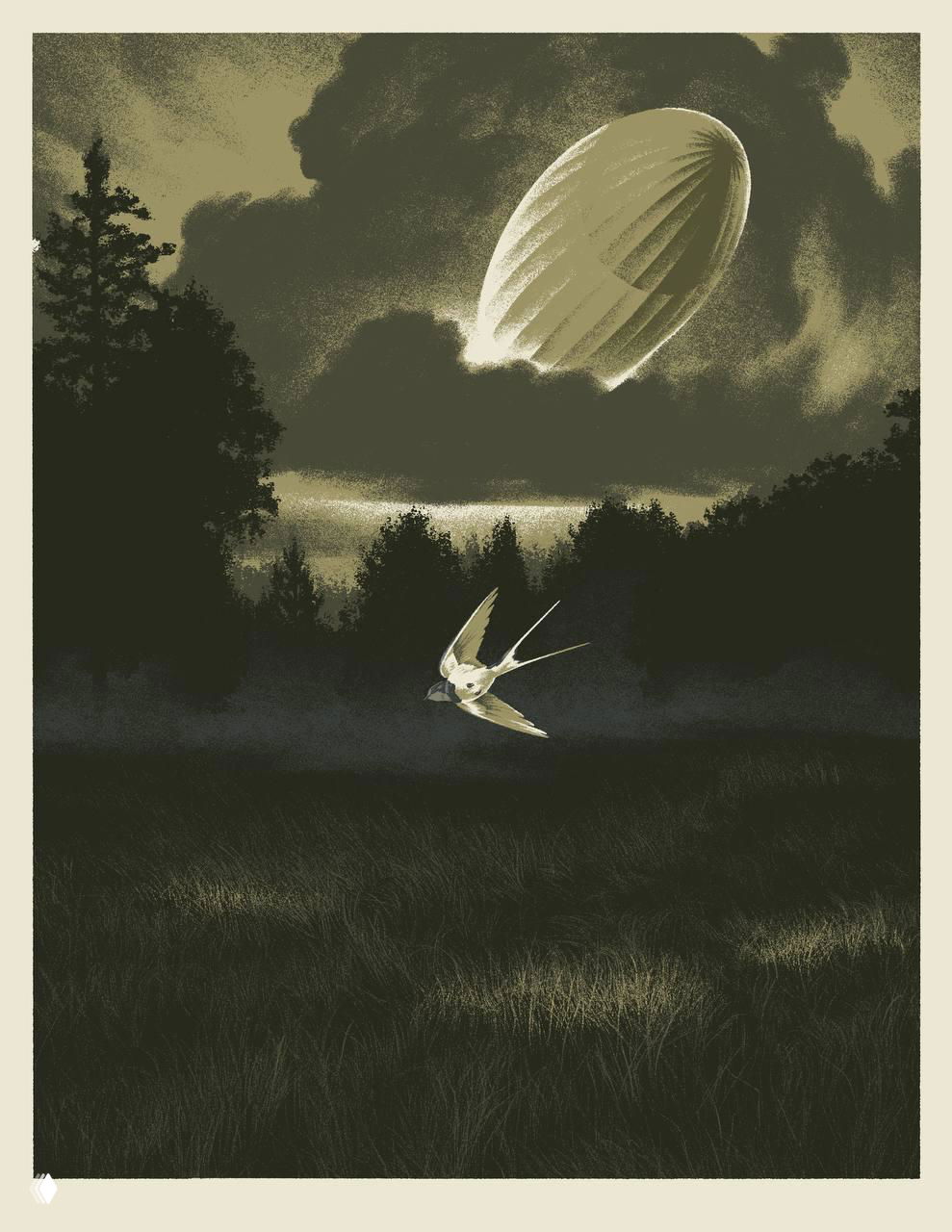 Монохромная иллюстрация: ласточка летит над тёмным лугом на фоне леса и парящего дирижабля, создавая таинственную атмосферу.