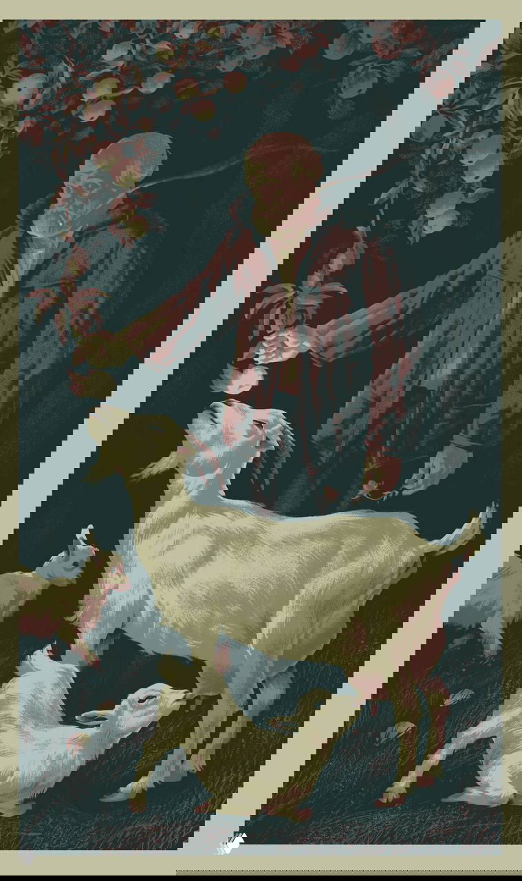 Тёмная композиция: старик и козы под яблоней, пасторальный мотив в манере, сочетающей реализм и символику.