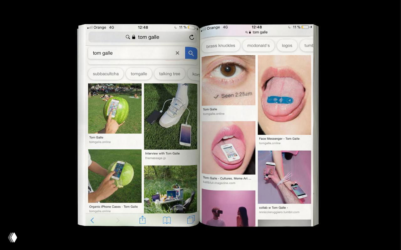 Фотография разворота книги с изображениями, имитирующими результаты поиска и сетку изображений, как в приложениях для просмотра медиа.