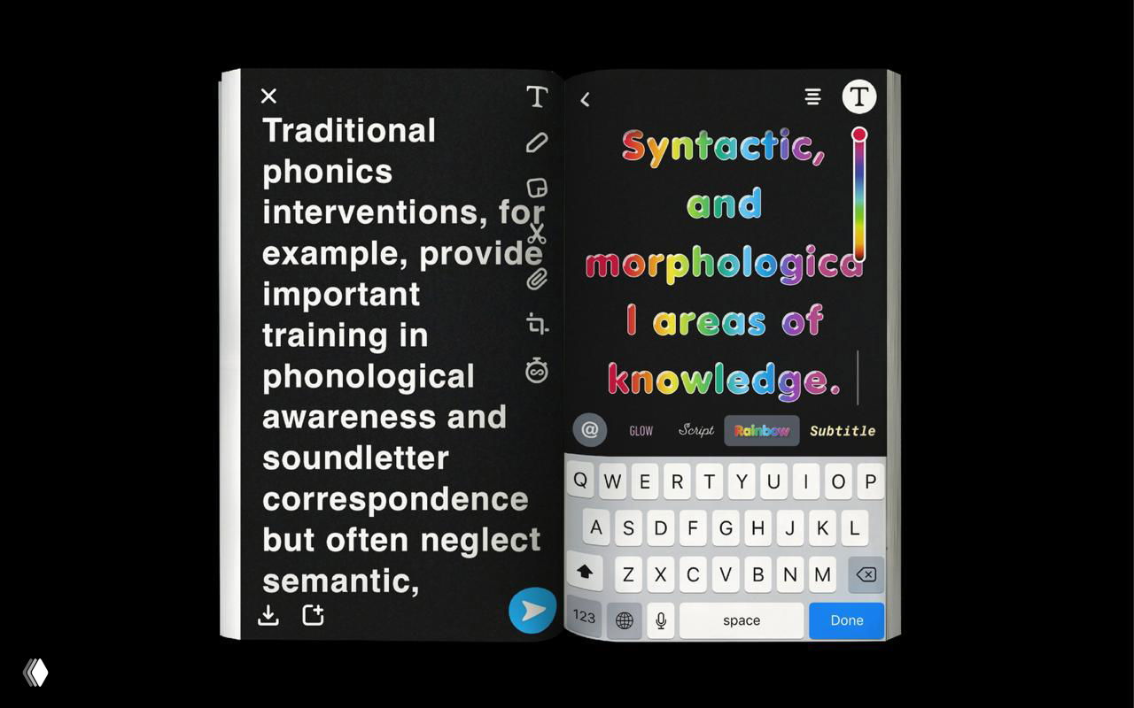 Разворот книги: слева плотный текст крупным шрифтом, справа интерфейс редактирования с клавиатурой и мультяшным цветным заголовком в стиле сторис.