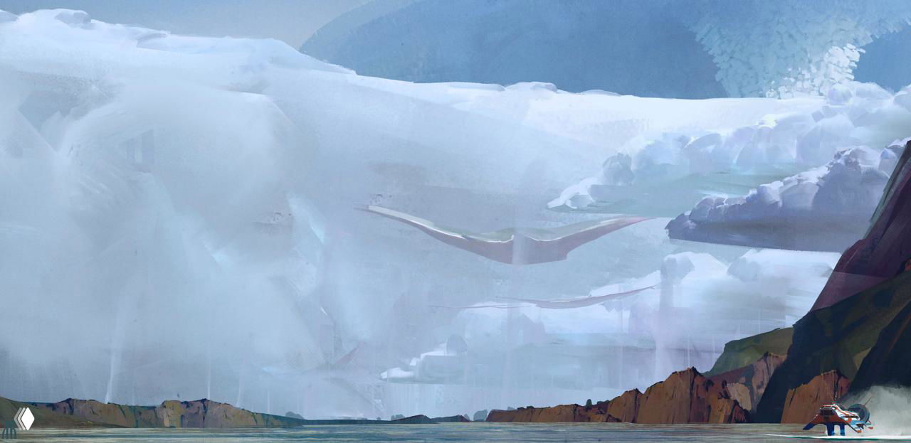 Атмосферный концепт-арт: туманная даль с геометрическими небесными формами над спокойной водой и маленьким судном на переднем плане для ощущения масштаба.