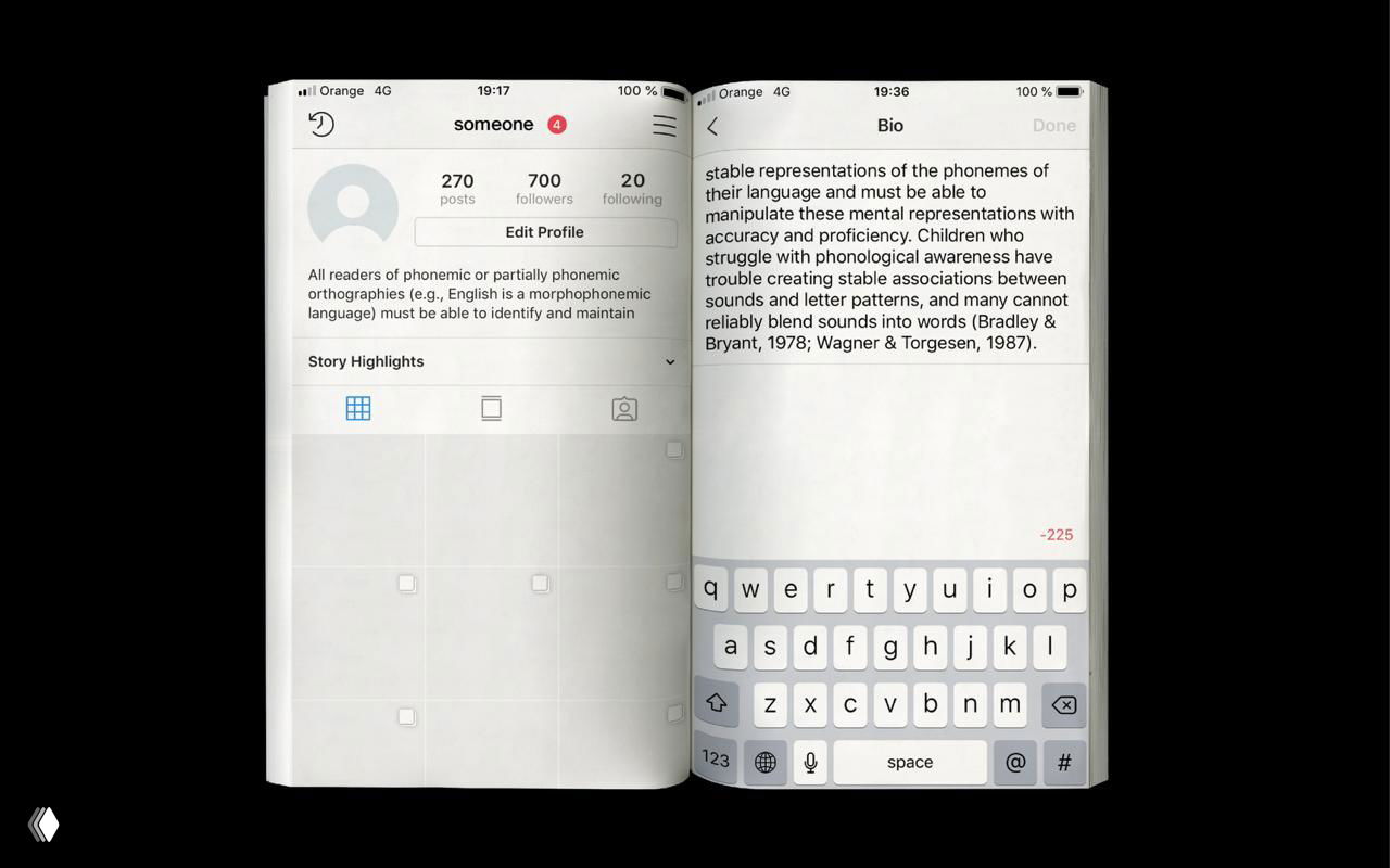 Разворот, где слева интерфейс профиля в стиле Instagram с числом постов и followers, справа текст в поле ввода — книга имитирует соцсеть целиком.