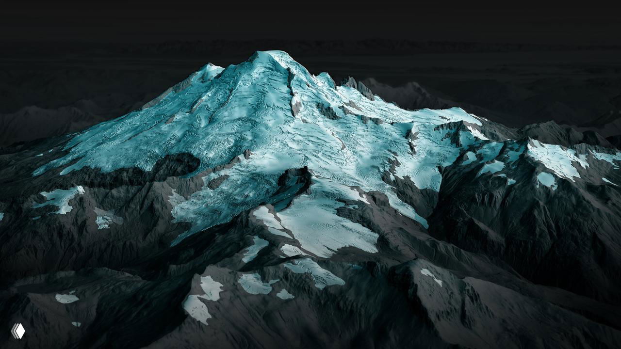 Топографическая карта с логотипом USGS и подписью Mount St. Helens — трёхмерное представление вулканического массива и окрестного рельефа.