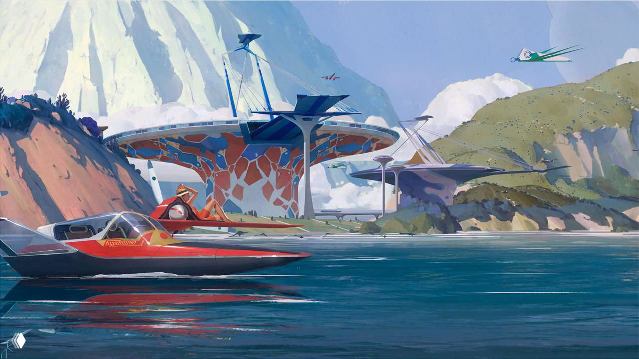 Широкий концепт-арт: прогулочная зона у воды, причал с катерами и крупная плавающая структура с мозаичным рисунком, вдохновлённая советским футуризмом.