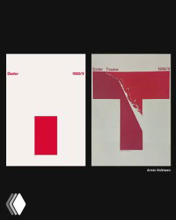 Две репродукции плакатов Армина Хофманна: на темном фоне слева минималистичный белый лист с ярким красным прямоугольником, справа — вариант с красным T‑элементом и фактурой.